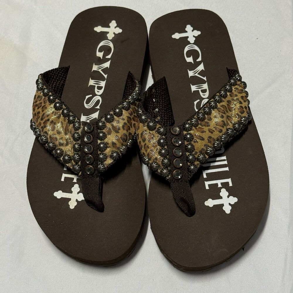 Gypsy Soule Leopard Rhinestone Flip Flop Sandals Women’s Size 7 Boho Bling NWOT - Picture 14 of 15